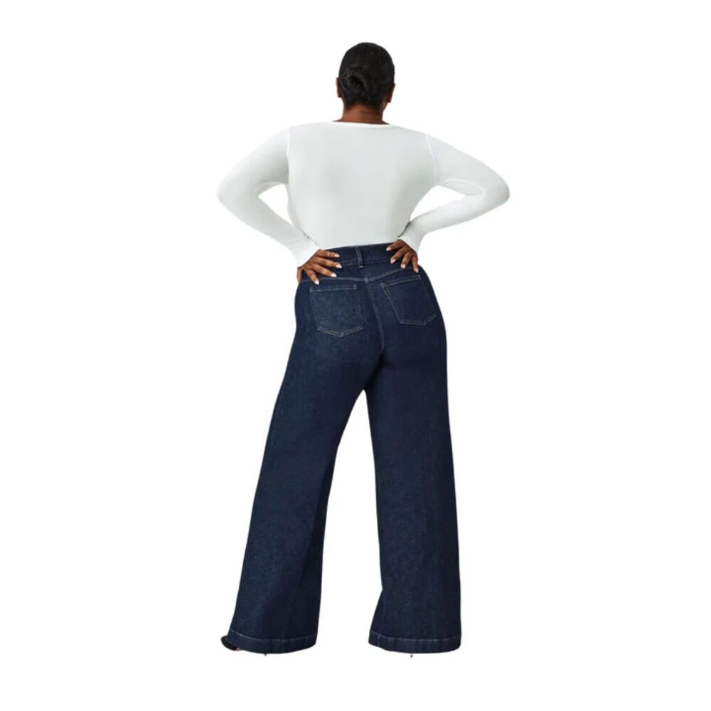 Spanx Wide Leg Jeans Indigo Dark Wash Denim Size Tall Small Pull On Flare